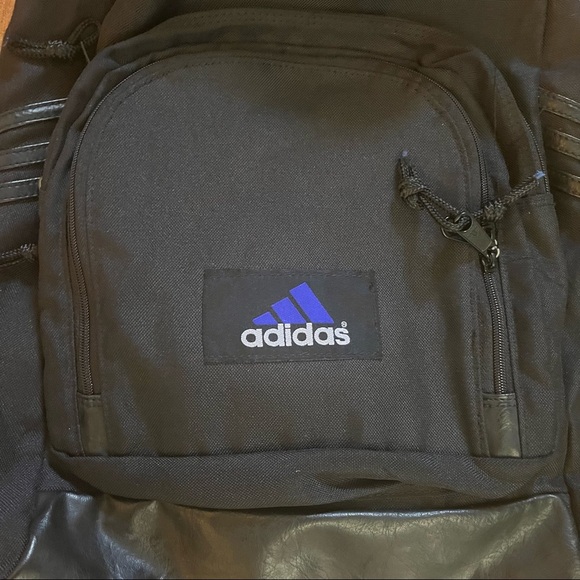 Adidas black full size backpack black nylon faux leather pockets zipper - Picture 2 of 9